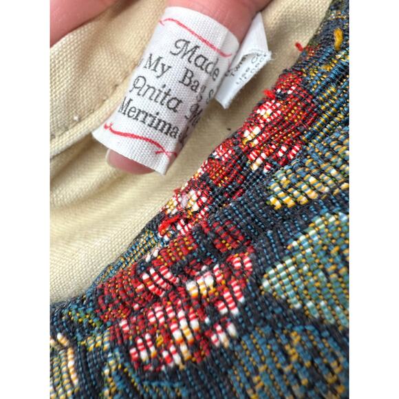 Vintage Navy Floral & Berry Tapestry Shoulder Tote Bag Handmade NH 15x14 USA - Picture 16 of 16